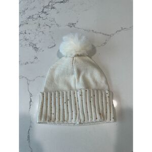 Anne Klein White Sequin Faux Fur Pom Beanie Hat